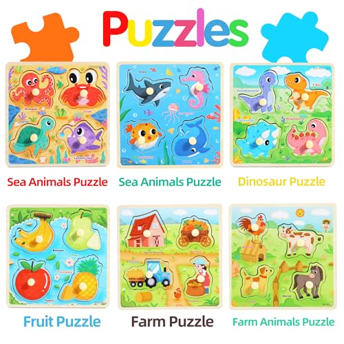 6PCS Wooden Toddler Puzzles, Montessori Toys Peg Puzzles for 3-5 Kid, Toddler Learning Educational Toys Kids Puzzle -Dinosaur, Farm, Farm Animals, Sea Animals, Fruit, Baby Puzzle Gift for Boys Girls - Thumbnail 4