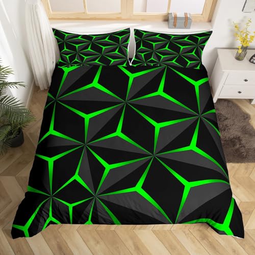 Homemissing Neon Honeycomb Duvet Cover Double Size,Geometric Stereoscopic Theme Teens Boys Bedding Set,Adults Bedroom Decoration 3D Green Print Comforter Cover Set All Season