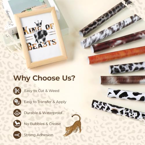 Image of HTVRONT Leopard Permanent Vinyl 10 Sheets 12 inchx10 inch Cowhide Adhesive Vinyl | Brown cow, cheetah print animal vinyl for craft projects, includes 2 transfer papers, compatible with Cricut & Silhouette