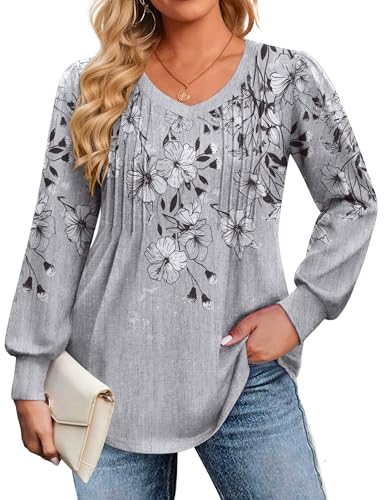 Image of IN'VOLAND Womens Plus Size Shirts V Neck Puff Long Sleeve Tops