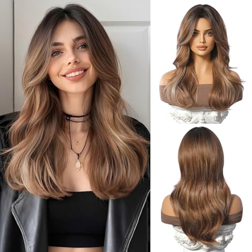 Esmee Long Wavy Brown Wigs for Women Natuaral Synthetic Hair Heat Resistant Ombre Wig for Daily Party Cosplay Use