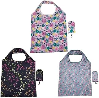 FAVORTALK Shopping Bags Different Pattern Foldable Shopping Bag Washable Reusable Grocery Bags with Pouch Tote Bags - 3 pcs
