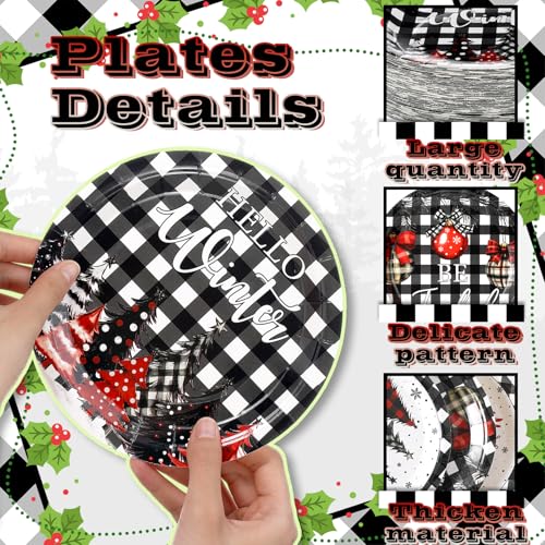 Image of Fourluoo 96 Pcs Christmas Black White Buffalo Plaid Paper Plates Disposable Peppermint Dinner Plates for Xmas Birthday Party Table Decor