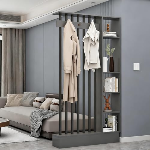 壁面用木製ルームディバイダー(フック・棚付き)、モダンルーム仕切りコートラック、新中式グリル本棚(玄関・リビング用装飾)(Gray+Black,100cm/39.4in)