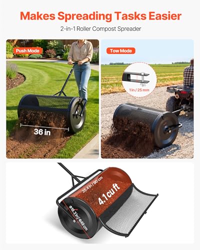 Image of VEVOR Compost Spreader, 36 inch Wide Peat Moss Spreader with Push /Tow Handle, 4 Heights Adjustable, Powder-Coated Steel Garden Peat Moss Roller, Heavy Duty Grass Seed Roller for Planting Seeding, Black