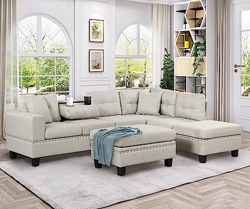 P PURLOVE Sectional Sofa with Reversible Chaise and 2 Pillows, Linen L-Shaped Sofa with Storage Ottoman and Cup Holders, Sectional Couche Living Room Furniture Sets (Light Gray)