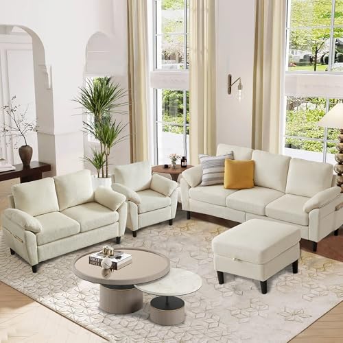 Image of 4 Piece Modern Corduroy Sofa Set, L-Shaped Sectional Couch with Storage Ottoman, Loveseat & Single Arm Chair, Side Storage Pockets, Removable Cushions for Living Room Apartment