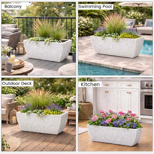 Image of Go Hooked Recta Curve 36 Inch Rectangle Planter Pot | Big Size Polymer Gamla for Plants | Heavy-Duty UV Resistant Outdoor & Indoor Flower Pot for Balcony, Terrace & Garden (White)