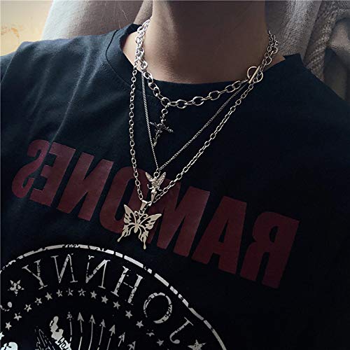 Xerling Silver Crystal Fairy Necklace Butterfly Pendant Chain Cross Toggle Chunky Choker Multi Layered Punk Boho Jewelry for Women and Girls - Image 3