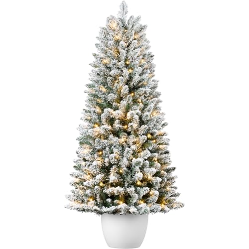 Best Choice Products Prelit Potted Flocked Pencil Christmas Tree, 6Ft Artificial Lighted Holiday...
