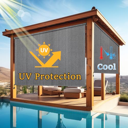 Image of Custom Size 85'' W x 96'' H Outdoor Roller Shades, Cordless Patio Roll Up Outdoor Blinds with UV Protection, Exterior Sun Shade Cloth for Porch, Gazebo, Balcony, Pergola, Grey