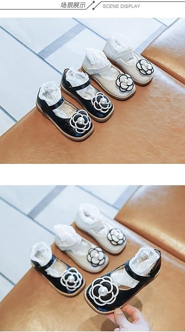 Girls Mary Janes Flower Pearl Black White Square Toe Pu Leather
