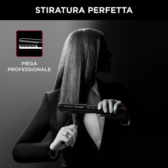 Rowenta x karl lagerfeld K/Pro Stylist Prostownica do włosów, powłoka Keratynowa i błyszcząca, funkcja jonowa, błyszczące włosy, odpowiednie do wszystkich rodzajów włosów, 8 ustawień temperatury, wyświetlacz LCD SF467LF0
