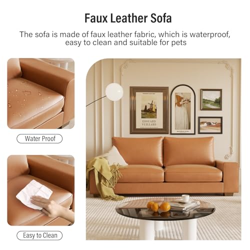Image of Valthie Faux Leather Couch, Mid Century Modern Comfy Loveseat Sofa with Wide Arm, Side Pockets, Solid Wooden Frame for Office, Living Room and Bedroom, 3 Seater (Brown, 88.58 inches)