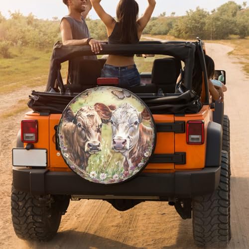 Image of Dujiea Cows and Small Butterflies Spare Tire Cover, Universal Wheel Tire Cover Waterproof Dust-Proof Tire Protectors for Trailer Rv SUV Truck Camper and Many Vehicle 14 15 16 17 Inch