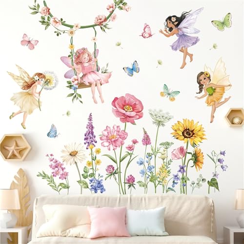 decalmile Flower Fairy Wall Stickers Butterfly Girl with Wildflower Sunflower Wall Decals...