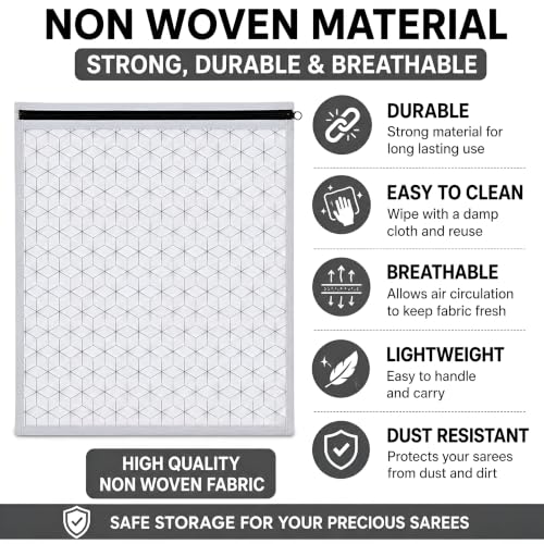 Image of PulGos Non-Woven Printed Single Saree Cover, Saree Bag Pack of 12 Pcs, Transparent Saree Covers With Zip, Saree Covers For Storage, Wardrobe Organiser (Wavegrey)