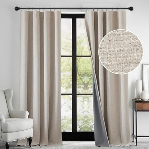 RYB HOME Linen Textured 100% Blackout Curtains for Bedroom, Insulating Energy Saving Window Curtains for Living Room Dining Patio Sliding Glass Door, Wide 52 x Long 96 inch, Beige, 2 Panels Cover