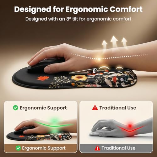 Image of Mouse Pad Wrist Support with Massage Design, Ergonomic Floral Mouse Mat, Pain Relief Memory Foam, Anti-Slip PU Base, Cushion Mousepad Wrist Rest for Gaming, Home, Office, Computer (Flower)