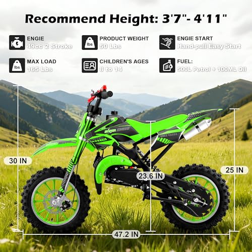 Image of 50cc Dirt Bike, 2 Stroke Gas Mini Bike for Kids 8-14 with Front Rear Disc Brakes, 10 Inch Off-Road Tires, Shock Absorption, Seat Height 23.6in, Max Speed 40mph, 2026 Upgraded, Green
