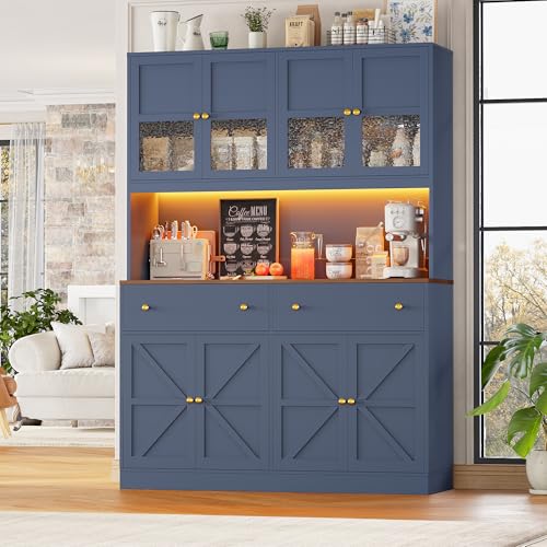 Image of FINETONES 71 inch Pantry Cabinet with LED Light and Charging Station, Farmhouse Kitchen Pantry Cabinet with Microwave Stand, 47.2 inch Wide Kitchen Hutch Food Pantry with Open Countertop, Blue