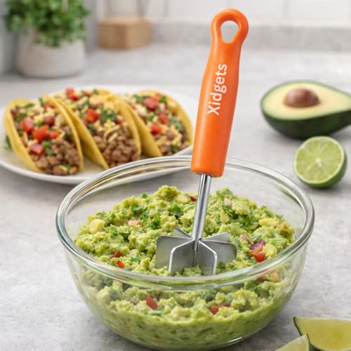 Image of Stainless Steel Mini Meat Chopper & Cocktail Muddler| 6-Blade Chopper Tool | Small Smasher | Compact Ergonomic Handle | Dishwasher Safe - 7 inch (Retro Orange Mini)