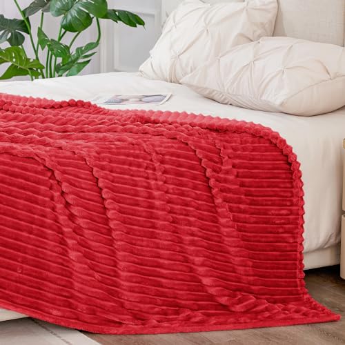 Image of BEDELITE Fleece Blanket King Size - 3D Ribbed Jacquard Soft and Warm Decorative Fuzzy Blankets - Cozy, Fluffy, Plush Lightweight Throw Blankets for Couch, Bed, Sofa(Red, 108x90 inches)