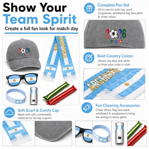 Argentina Soccer Fan Gear Set, 7 Pcs 2026 Game Day Accessories with Hat, Scarf, Flag Sunglasses, Wristband, Flag Face Paint & Cheer Sticks, Soccer Party Supplies for Watch Parties — view 4