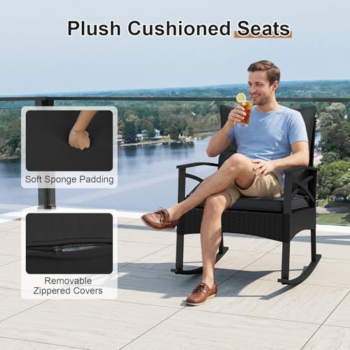 Image of Tangkula 3 Pieces Wicker Outdoor Rocking Chairs Set | Heavy Duty | Cushioned | Rattan Rocker Bistro Set w / 2-Tier Tempered Glass Coffee Table for Garden, Balcony, Backyard