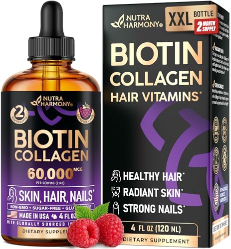 Liquid Biotin & Collagen 60 000 mcg - Vitamins for Hair Growth Support - Extra Strength Drops for Women & Men - Liquid Collagen Supplement - Strong Nails & Healthy Skin - Raspberry Flavor 4 Fl Oz