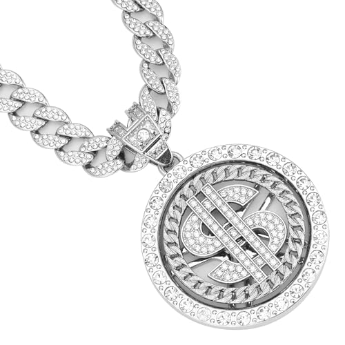 Cuban chain fake necklace hip-hop necklace circular US dollar logo rotatable pendant, Men's and Women's Necklace