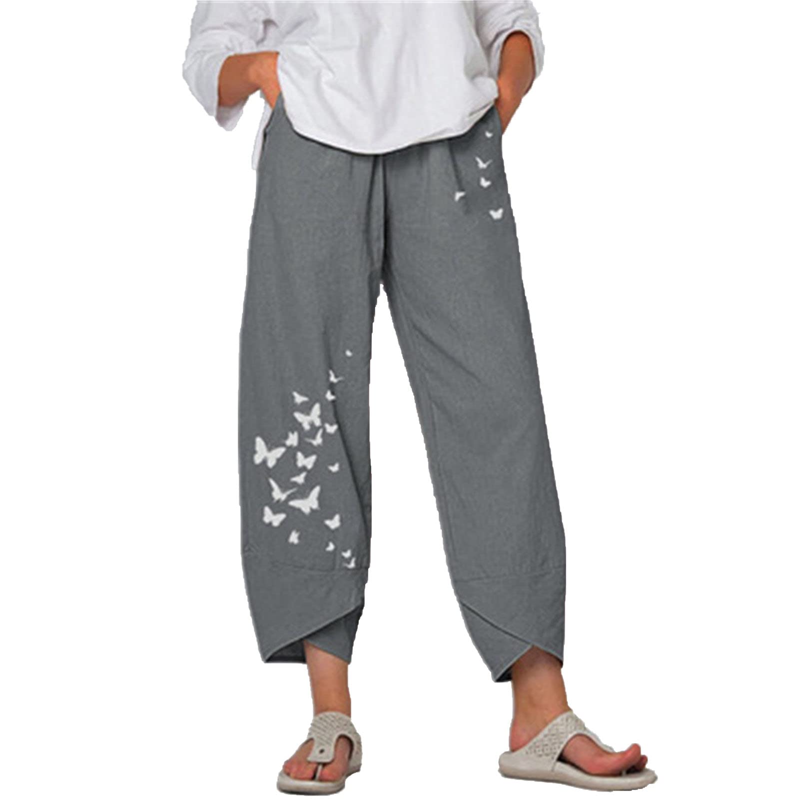 Maiyifu-GJ Womens Cotton Linen Loose Pants Summer Casual Baggy Lounge Pants Elastic Waist Lightweight Wide Leg Trousers