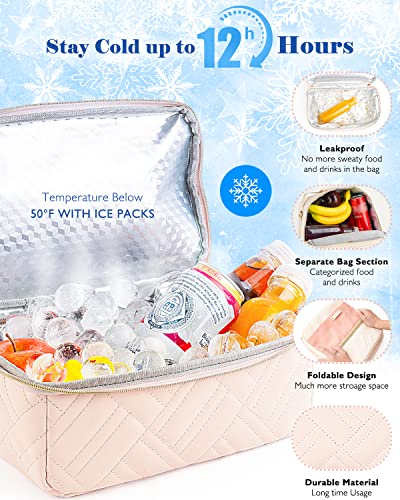 Glorieroo® Lunch Bag Women Men, Large Insulated Lunch Box Tote Cooler - Stylish Vegan Leather 2 Tier Lunch Bag With Adjustable Shoulder Strap For Adults Travel Work, Pink Beige #TOP2