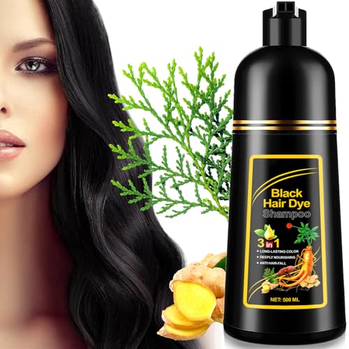 Generisch Champú de coloración rápida 3 en 1 para cabello gris, cobertura de hierbas, color negro natural, para mujeres y hombres, 500 ml
