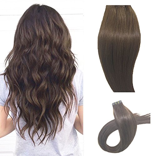 Extensión de pelo auténtico Cinta en extensión pelo remy 20 trenzas x 4 cm de ancho, 40, 45, 50, 55 cm (50cm, No.4 Marrón chocolate)
