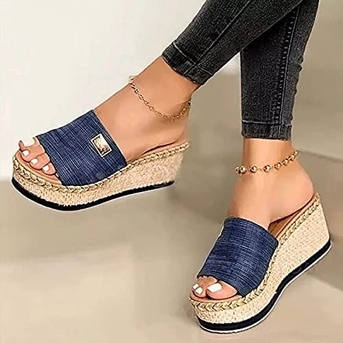 Women Wedges Shoes Mules 2021 Fashion Platform Non-Slip Sandal Summer Beach Home Slip on Slide Slippers Comfortable Walking Shoes Large Size,Brown,US4/EU353