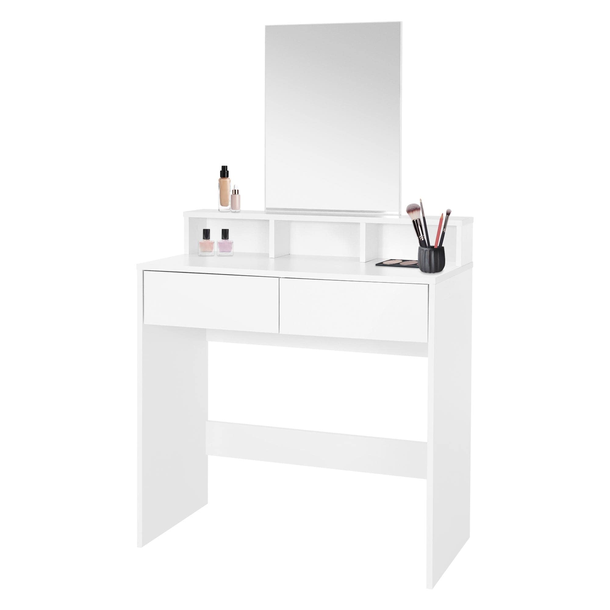 ML-Design Toeletta Tavolo Postazione da Trucco con Specchio Rettangolare e 2 Cassetti 80 x 40 x 140 cm Bianco Design Moderno con 3 Scomparti Aperti Portaoggetti Specchiera per Cosmetici Organizzatore