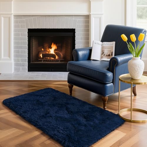 HOMORE Small Rugs for Bedroom 2x3 Feet Blue Rug for Bedroom Bedside Soft Fluffy Area Rugs for Desk Indoor Entrance Door Mat, Small Runner Rugs and Carpets for Dorm Nursery, Navy Blue