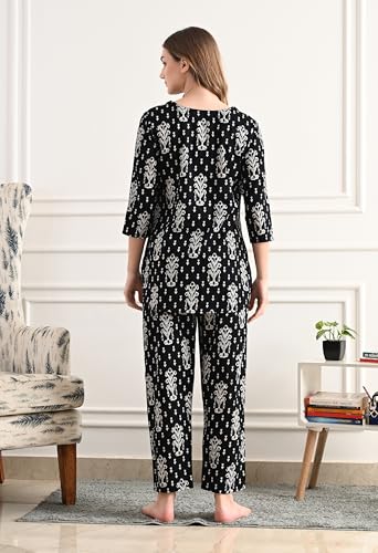 Image of Amazon Brand - Tavasya Women Cotton- Rayon Printed Kurti with Pant Co-Ord Set | Soft Comfortable Straight Fit Ethnic Kurta Set | 3 /4 Sleeves V-Neck Daily, Office & Casual Wear