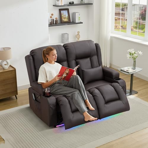 LIFTSHA Zweisitzer Relaxsessel mit Liegefunktion, Fernsehsessel Elektrisch Verstellbar mit Heizung & Vibrierende Massage, TV Sessel Heimkino Sitze mit Mittelkonsole, Kunstleder, Dunkelbraun – Bild 3