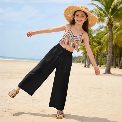 Image of Rolanko Girls Wide Leg Linen Pants Breathable Flowy Palazzo Trousers for School Beach Daily Wear 9-15 Years
