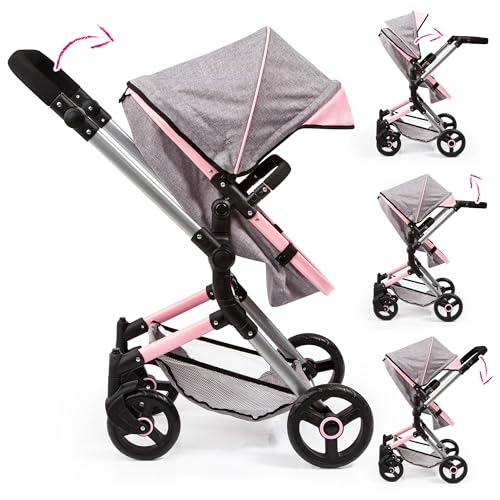 Bayer Design 18433AA Butterfly Kombi Puppenwagen Neo Vario mit Wickeltasche und Einkaufskorb, umwandelbar in einen Sportwagen, höhenverstellbar, grau Jeans-Optik, rosa, Schmetterling, 52cm