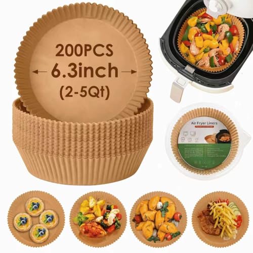 200Pcs Air Fryer Disposable Paper Liner, Non-stick Air Fryer Airfryer Parchment Paper Liners Round, Grease Proof Bakery Baking Paper for Air fryer Basket Roasting, Oil-proof, Food Grade (6.3 Inch)