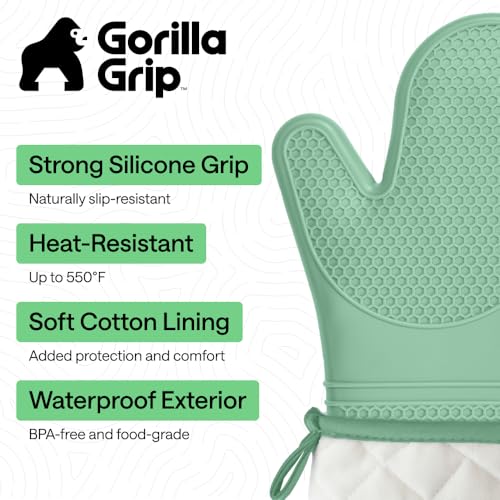 Image of GORILLA GRIP BPA-Free Soft Silicone Oven Mitts, 550F Heat Resistant Waterproof Cooking Safety Gloves, Thick Cotton Lining, Flexible Gripping for BBQ Grilling, Kitchen Potholders Set, 12.5x8.3, Mint