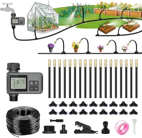 60FT Drip Irrigation System with Water Timer – Automatic Garden Watering Kit with 360° Bendable Hose & Adjustable Nozzles, Smart Irrigation System for Greenhouse, Lawn, Yard & Plants - Thumbnail 2