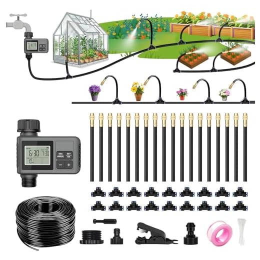 HEKIWAY 60FT Drip Irrigation System with Water Timer – Automatic Garden Watering Kit with 360° Bendable Hose & Adjustable Nozzles, Smart Irrigation System for Greenhouse, Lawn, Yard & Plants
