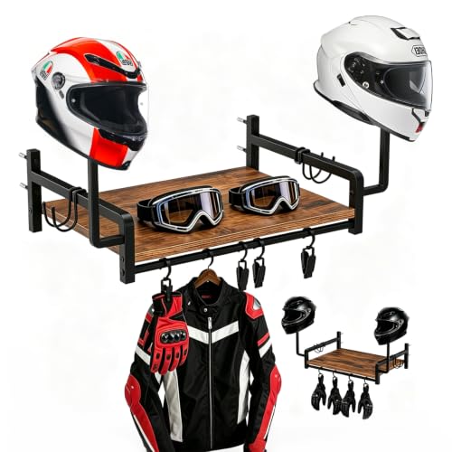 Wood and Metal Motorcycle Helmet Wall Mount 40 kg | Garage Wall Hanger for Bicycle Helmet, Tactical Vest, Space Saving (16.9 x 11.8 x 11.28 inches)
