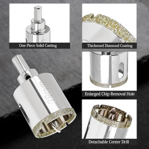 Image of 1-1 /2 Inch Diamond Hole Saw with Pilot Drill Bit | 40mm Cutting Depth, 3 /8 Triangular Shank, Nickel-Plated Carbon Steel, Chip Removal Holes, for Glass Tile Marble Granite