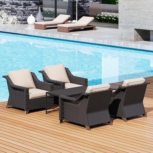 Image of 5 Piece Patio Furniture Set, Wicker Outdoor Conversation Set | Patio Chair Set with Olefin Removable Cushion, All-Weather Armchair Set with Deep Seat for Porch, Deck and Backyard, Beige