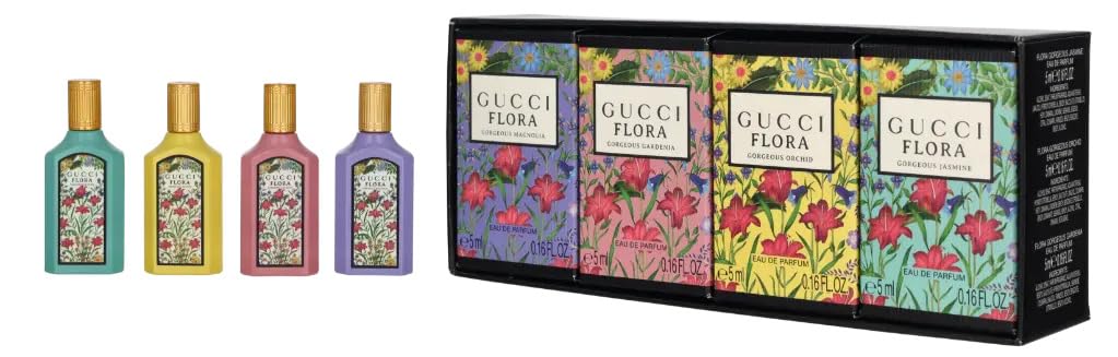Gucci Perfume for Women Variety 4-Piece Mini Splash Travel Gift Set | Gorgeous Magnolia + Gorgeous Gardenia + Gorgeous Orchid + Gorgeous Jasmine